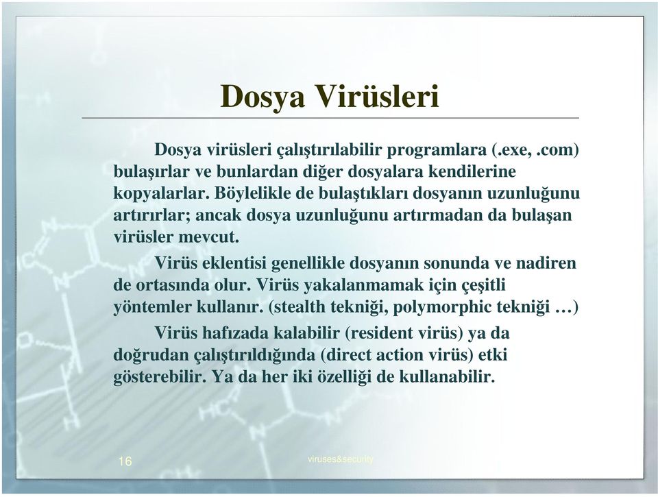 Virüs eklentisi genellikle dosyan n sonunda ve nadiren de ortas nda olur. Virüs yakalanmamak için çe itli yöntemler kullan r.