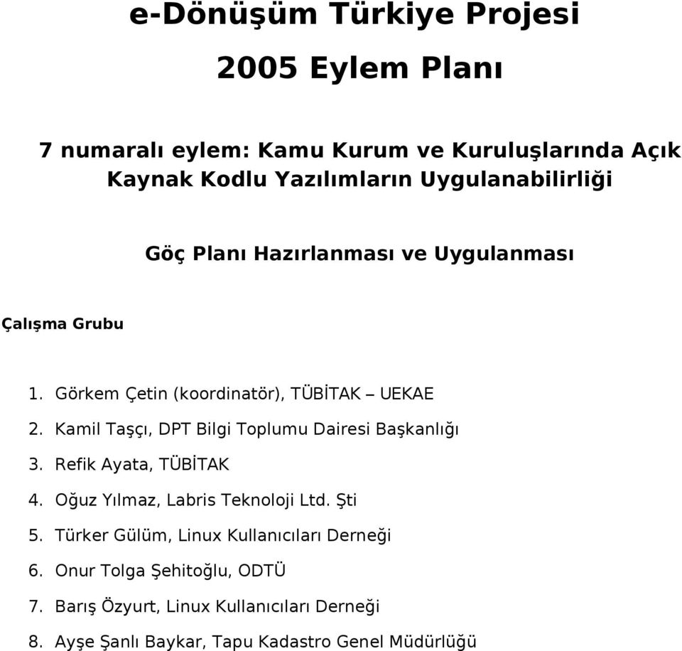 Kamil Taşçı, DPT Bilgi Toplumu Dairesi Başkanlığı 3. Refik Ayata, TÜBİTAK 4. Oğuz Yılmaz, Labris Teknoloji Ltd. Şti 5.