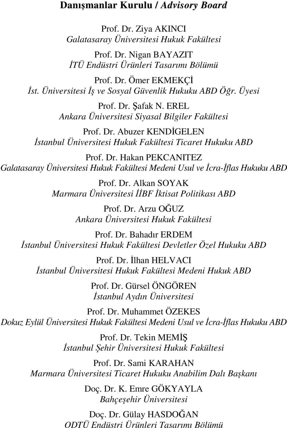 Dr. Hakan PEKCANITEZ Galatasaray Üniversitesi Hukuk Fakültesi Medeni Usul ve İcra-İflas Hukuku ABD Prof. Dr. Alkan SOYAK Marmara Üniversitesi İİBF İktisat Politikası ABD Prof. Dr. Arzu OĞUZ Ankara Üniversitesi Hukuk Fakültesi Prof.