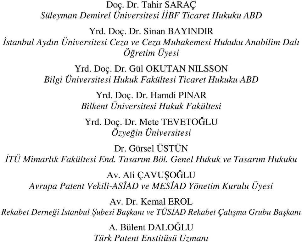 Gürsel ÜSTÜN İTÜ Mimarlık Fakültesi End. Tasarım Böl. Genel Hukuk ve Tasarım Hukuku Av. Ali ÇAVUŞOĞLU Avrupa Patent Vekili-ASİAD ve MESİAD Yönetim Kurulu Üyesi Av. Dr.