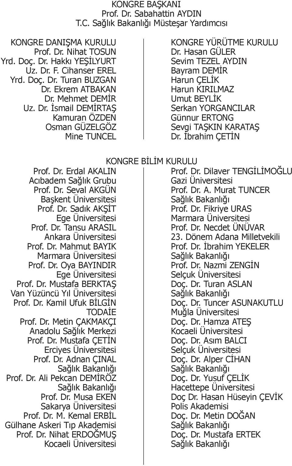 Hasan GÜLER Sevim TEZEL AYDIN Bayram DEMİR Harun ÇELİK Harun KIRILMAZ Umut BEYLİK Serkan YORGANCILAR Günnur ERTONG Sevgi TAŞKIN KARATAŞ Dr. İbrahim ÇETİN Prof. Dr. Erdal AKALIN Acıbadem Sağlık Grubu Prof.