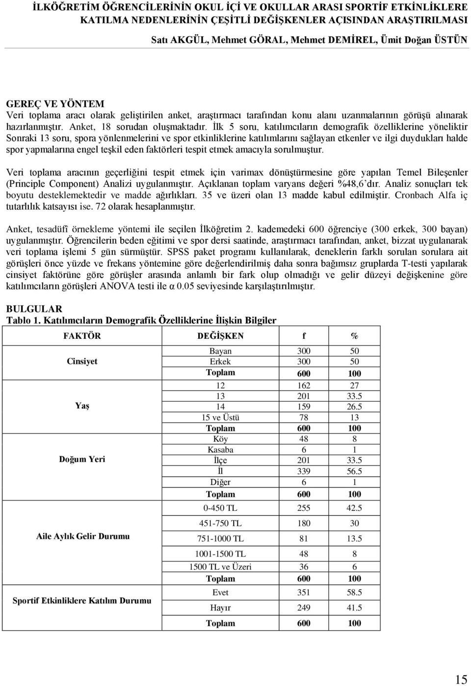 İlk 5 soru, katılımcıların demografik özelliklerine yöneliktir Sonraki 13 soru, spora yönlenmelerini ve spor etkinliklerine katılımlarını sağlayan etkenler ve ilgi duydukları halde spor yapmalarına