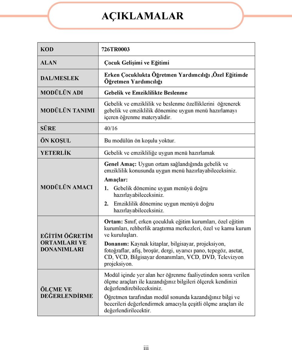 SÜRE 40/16 ÖN KOŞUL YETERLİK MODÜLÜN AMACI EĞİTİM ÖĞRETİM ORTAMLARI VE DONANIMLARI ÖLÇME VE DEĞERLENDİRME Bu modülün ön koşulu yoktur.