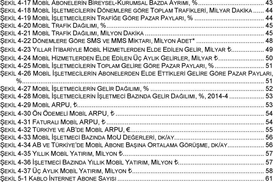 .. 45 ŞEKİL 4-22 DÖNEMLERE GÖRE SMS VE MMS MİKTARI, MİLYON ADET*... 48 ŞEKİL 4-23 YILLAR İTİBARİYLE MOBİL HİZMETLERDEN ELDE EDİLEN GELİR, MİLYAR.