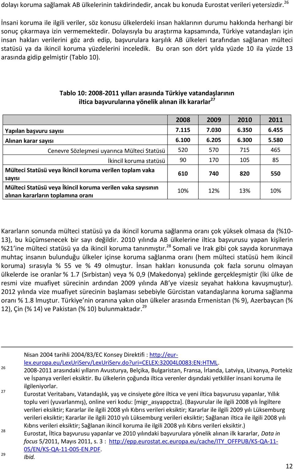 Dolayısıyla bu araştırma kapsamında, Türkiye vatandaşları için insan hakları verilerini göz ardı edip, başvurulara karşılık AB ülkeleri tarafından sağlanan mülteci statüsü ya da ikincil koruma