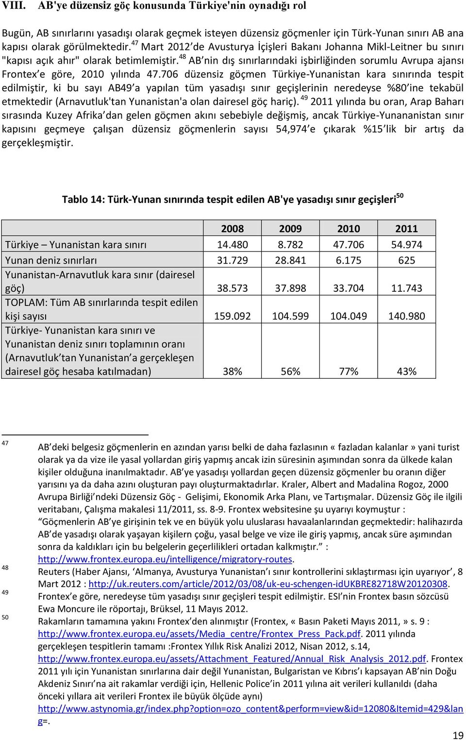 48 AB nin dış sınırlarındaki işbirliğinden sorumlu Avrupa ajansı Frontex e göre, 2010 yılında 47.