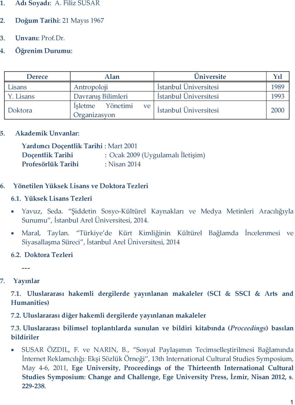 Akademik Unvanlar: Yardımcı Doçentlik Tarihi : Mart 2001 Doçentlik Tarihi : Ocak 2009 (Uygulamalı İletişim) Profesörlük Tarihi : Nisan 2014 6. Yönetilen Yüksek Lisans ve Doktora Tezleri 6.1. Yüksek Lisans Tezleri Yavuz, Seda.