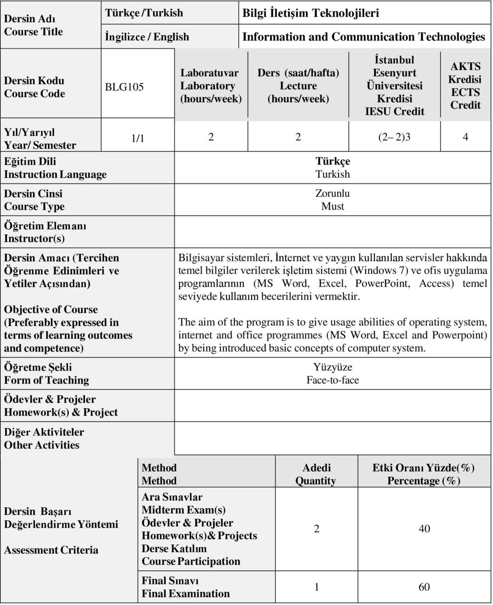 Zorunlu Must Öğretim Elemanı Instructor(s) Dersin Amacı (Tercihen Öğrenme Edinimleri ve Yetiler Açısından) Objective of Course (Preferably expressed in terms of learning outcomes and competence)