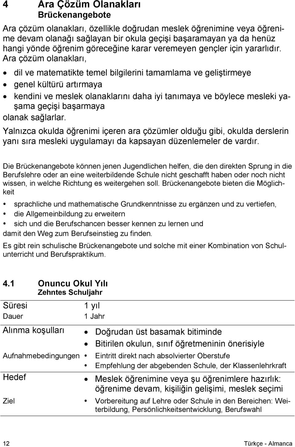 Ara çözüm olanakları, dil ve matematikte temel bilgilerini tamamlama ve geliştirmeye genel kültürü artırmaya kendini ve meslek olanaklarını daha iyi tanımaya ve böylece mesleki yaşama geçişi