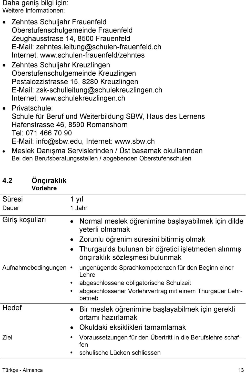 ch Internet: www.schulekreuzlingen.ch Privatschule: Schule für Beruf und Weiterbildung SBW, Haus des Lernens Hafenstrasse 46, 8590 Romanshorn Tel: 071 466 70 90 E-Mail: info@sbw.edu, Internet: www.