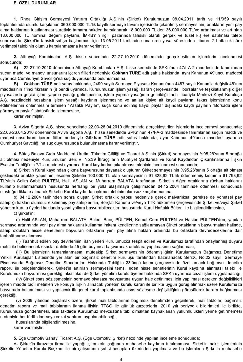 000.000 TL nominal değerli payların, İMKB nin ilgili pazarında tahsisli olarak gerçek ve tüzel kişilere satılması talebi sonrasında, Şirket in tahsisli satışa başlanması için 13.05.