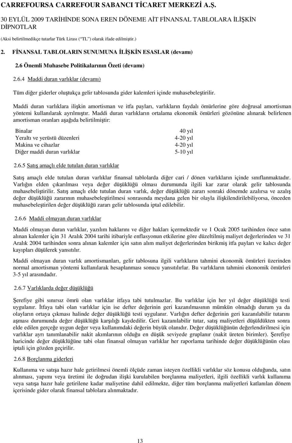 Maddi duran varlıklara ilişkin amortisman ve itfa payları, varlıkların faydalı ömürlerine göre doğrusal amortisman yöntemi kullanılarak ayrılmıştır.