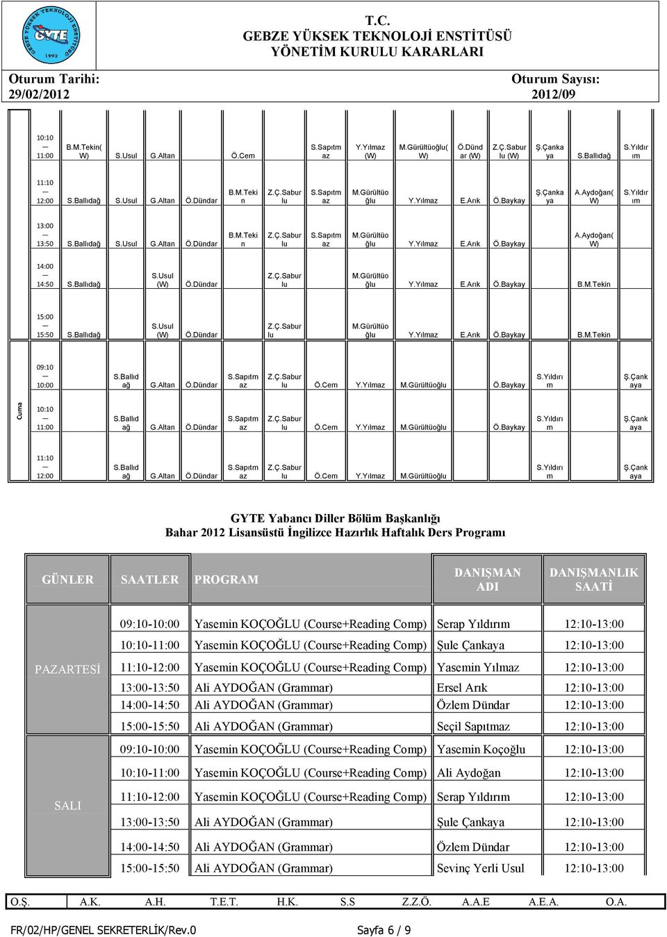 Çak GYTE Yabacı Diller Bölü Başkalığı Bah 2012 Lisasüstü İgilizce Hırlık Haftalık Ders Prograı GÜNLER SAATLER PROGRAM DANIŞMAN ADI DANIŞMANLIK SAATİ PAZARTESİ -10:00 Yasei KOÇOĞLU (Corse+Readig Cop)