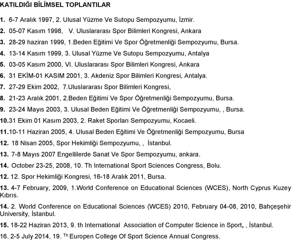 31 EKİM-01 KASIM 2001, 3. Akdeniz Spor Bilimleri Kongresi, Antalya. 7. 27-29 Ekim 2002, 7.Uluslararası Spor Bilimleri Kongresi, 8. 21-23 Aralık 2001, 2.