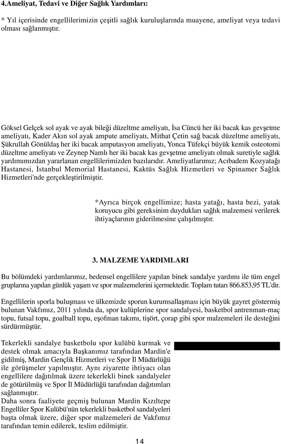 Gönüldaş her iki bacak amputasyon ameliyatı, Yonca Tüfekçi büyük kemik osteotomi düzeltme ameliyatı ve Zeynep Namlı her iki bacak kas gevşetme ameliyatı olmak suretiyle sağlık yardımımızdan