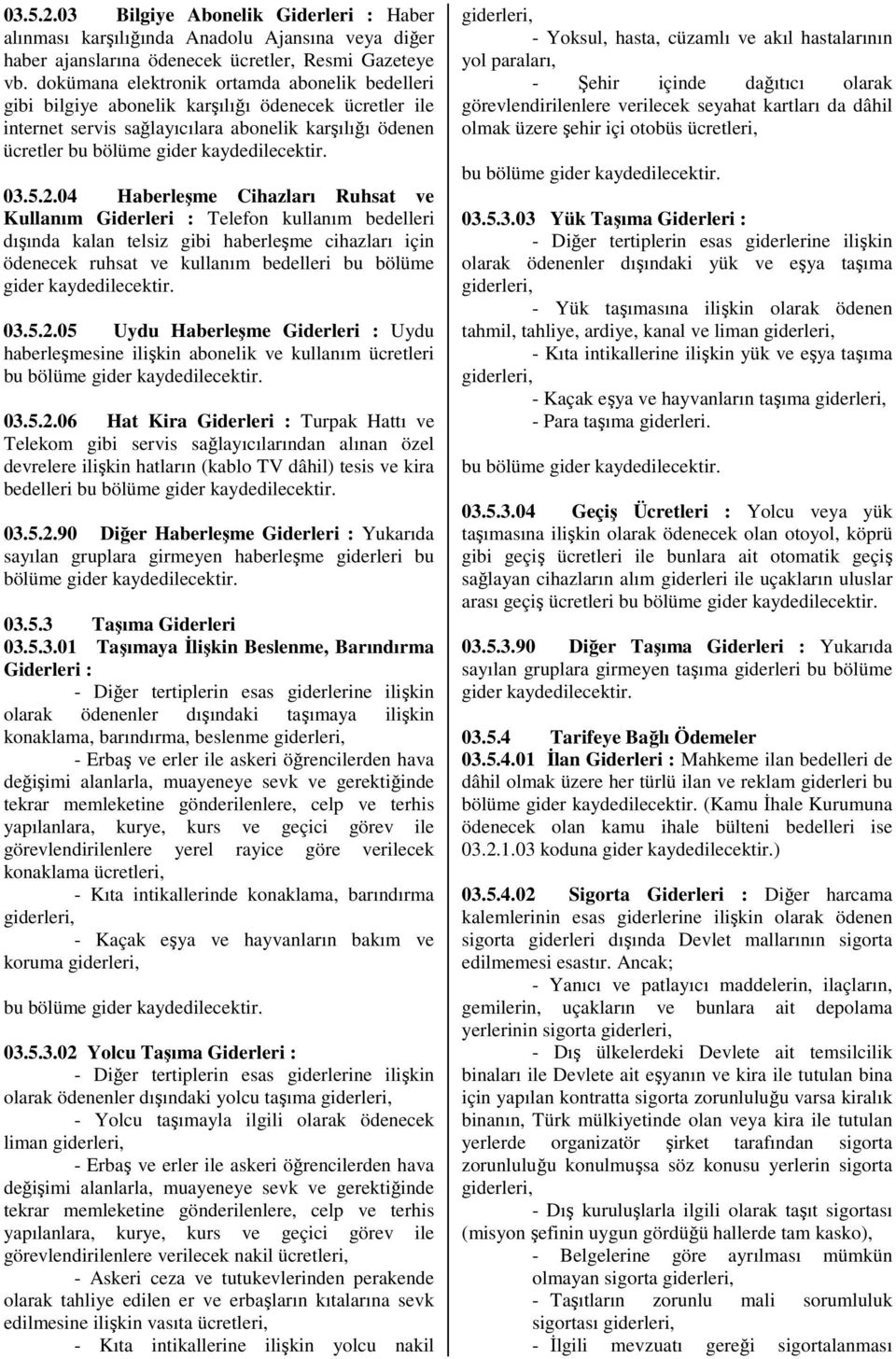 04 Haberleşme Cihazları Ruhsat ve Kullanım Giderleri : Telefon kullanım bedelleri dışında kalan telsiz gibi haberleşme cihazları için ödenecek ruhsat ve kullanım bedelleri bu bölüme gider 03.5.2.