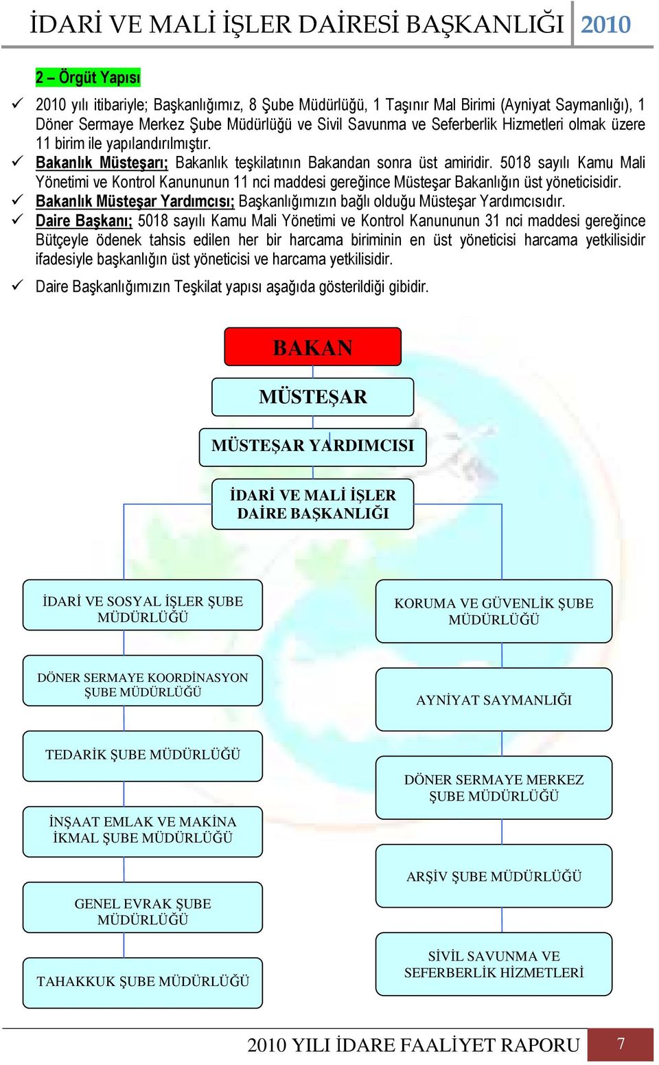 5018 sayılı Kamu Mali Yönetimi ve Kontrol Kanununun 11 nci maddesi gereğince Müsteşar Bakanlığın üst yöneticisidir. Bakanlık Müsteşar Yardımcısı; Başkanlığımızın bağlı olduğu Müsteşar Yardımcısıdır.