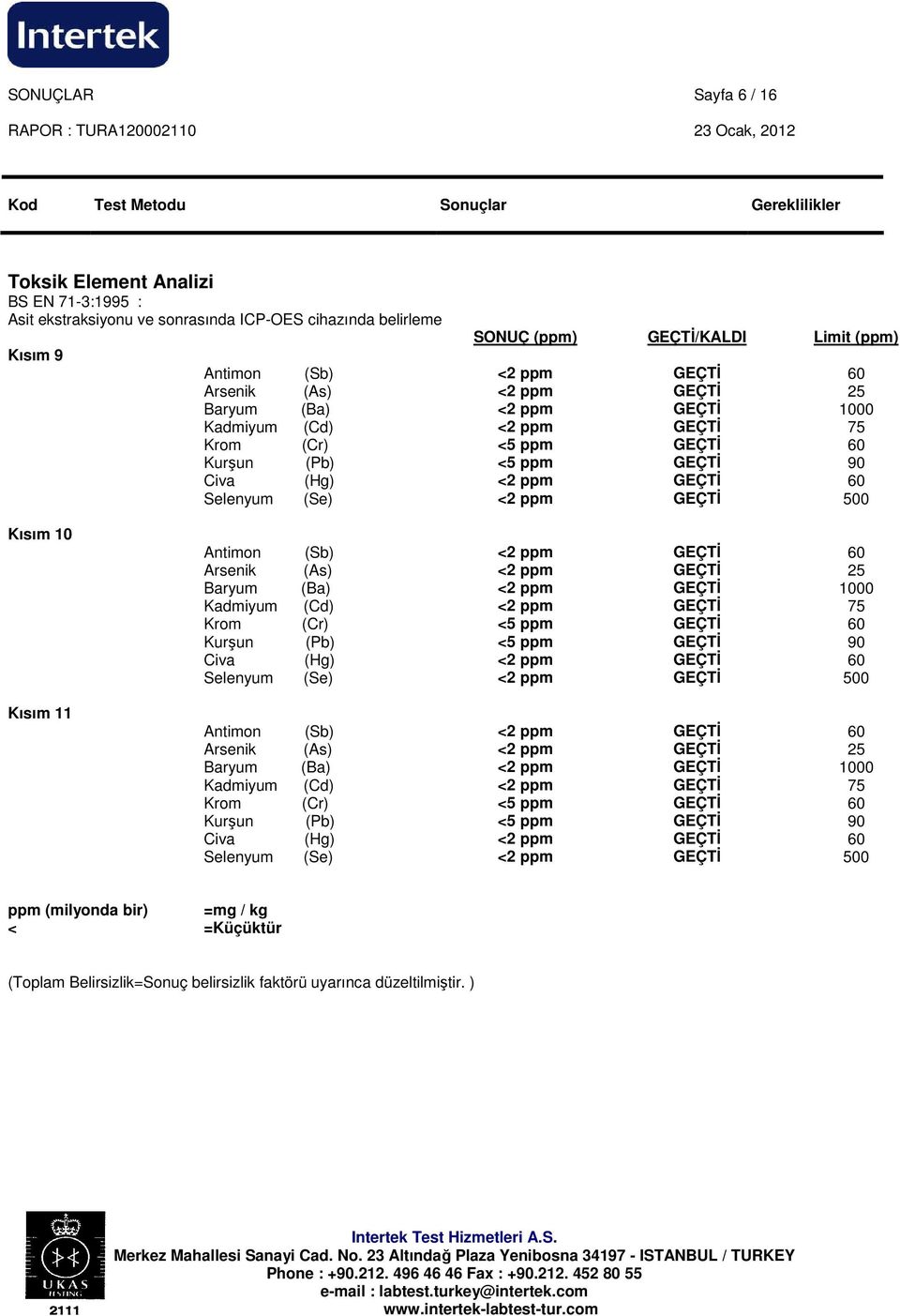 Kısım 9 SONUÇ (ppm) GEÇTĐ/KALDI Limit (ppm) Kısım 10 Kısım 11