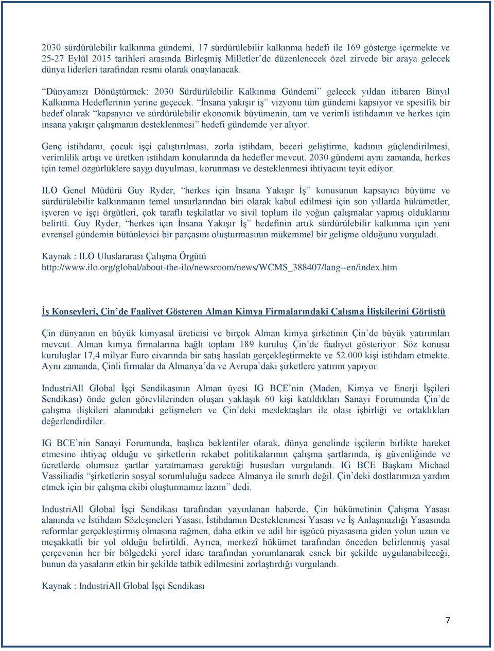 İnsana yakışır iş vizyonu tüm gündemi kapsıyor ve spesifik bir hedef olarak kapsayıcı ve sürdürülebilir ekonomik büyümenin, tam ve verimli istihdamın ve herkes için insana yakışır çalışmanın