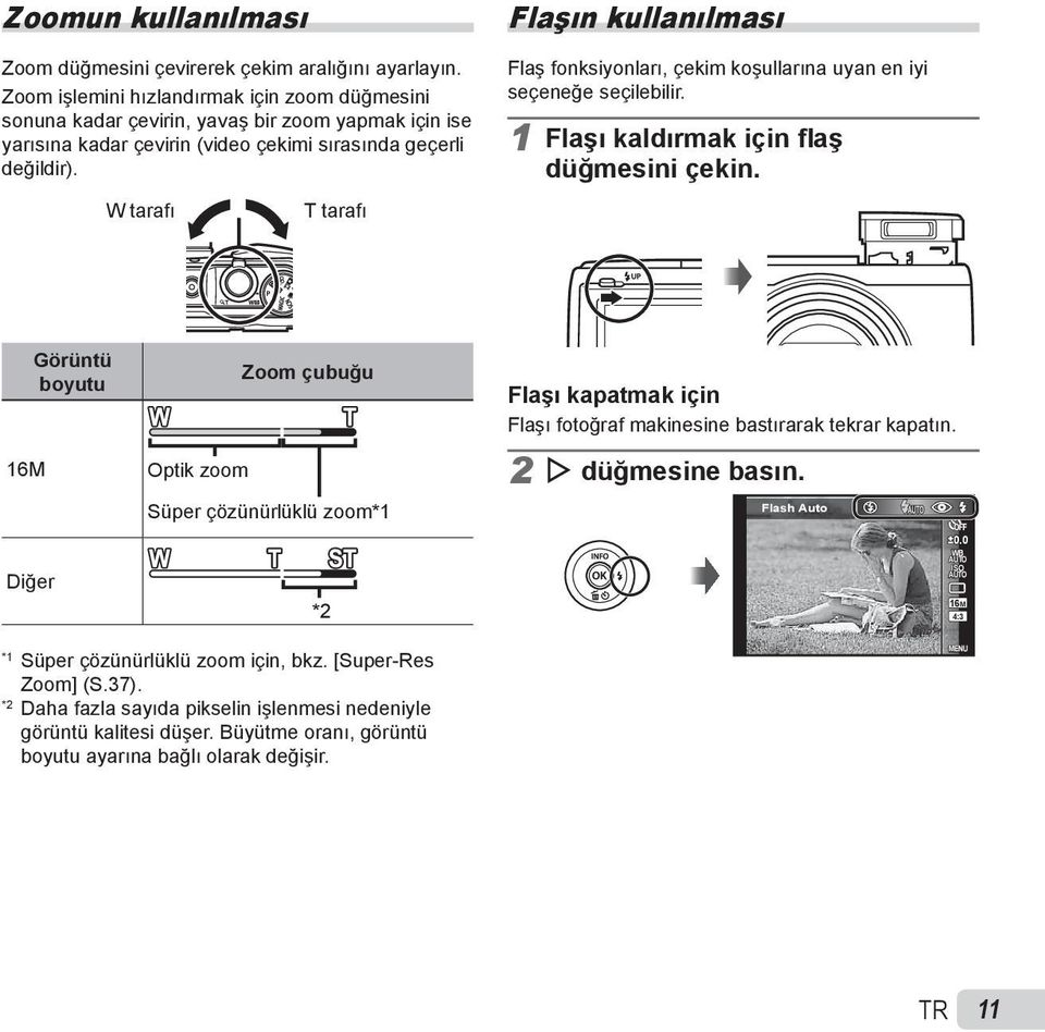 W tarafı T tarafı Flaşın kullanılması Flaş fonksiyonları, çekim koşullarına uyan en iyi seçeneğe seçilebilir. 1 Flaşı kaldırmak için flaş düğmesini çekin.