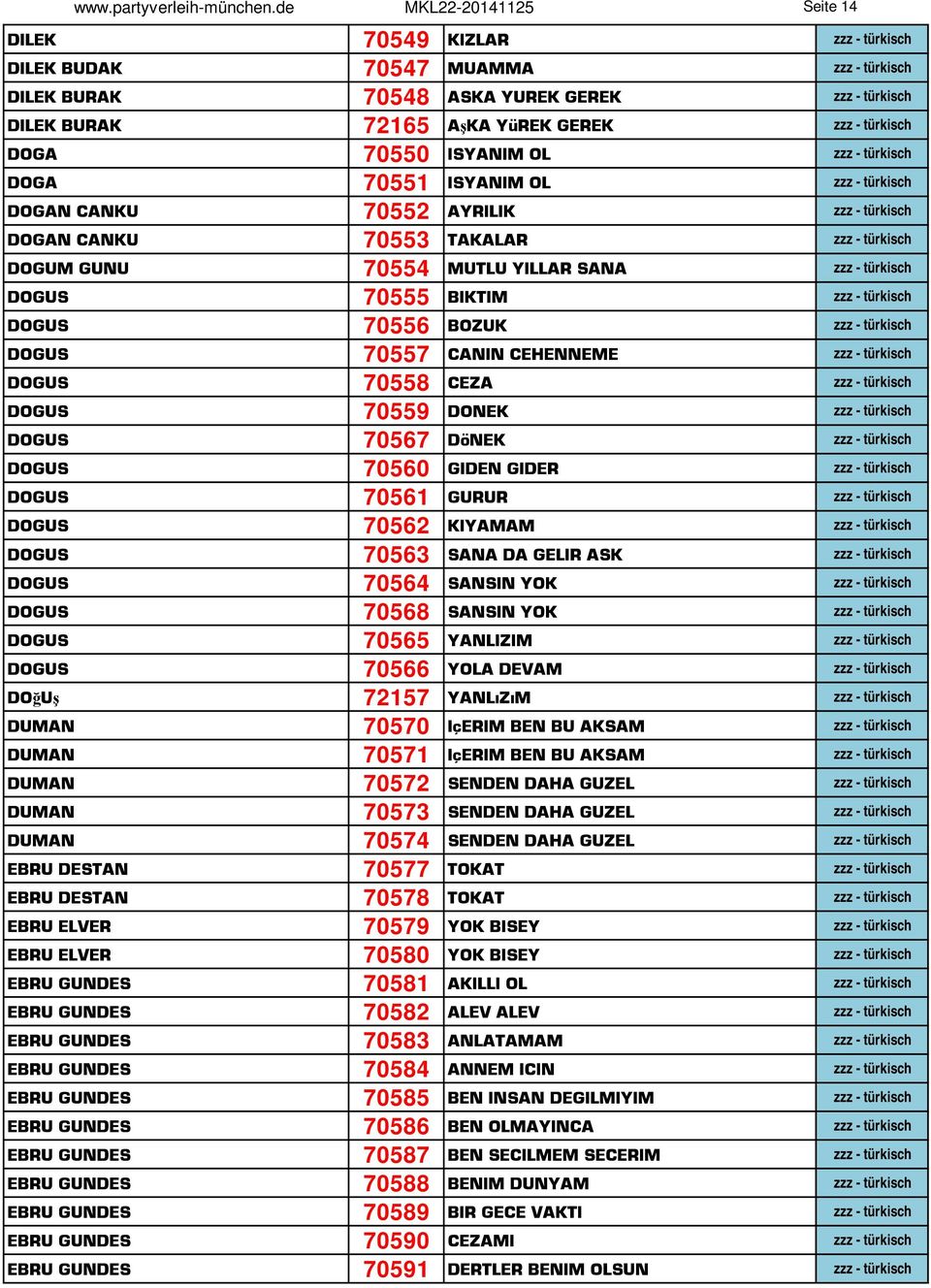 türkisch DOGA 70550 ISYANIM OL zzz - türkisch DOGA 70551 ISYANIM OL zzz - türkisch DOGAN CANKU 70552 AYRILIK zzz - türkisch DOGAN CANKU 70553 TAKALAR zzz - türkisch DOGUM GUNU 70554 MUTLU YILLAR SANA