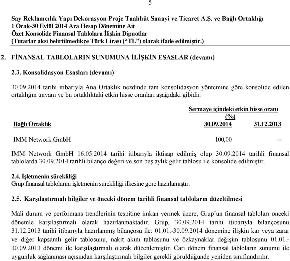 hisse oranı (%) Bağlı Ortaklık 30.09.2014 31.12.2013 IMM Network GmbH 100,00 -- IMM Network GmbH 16.05.2014 tarihi itibarıyla iktisap edilmiş olup 30.09.2014 tarihli finansal tablolarda 30.09.2014 tarihli bilanço değeri ve son beş aylık gelir tablosu ile konsolide edilmiştir.