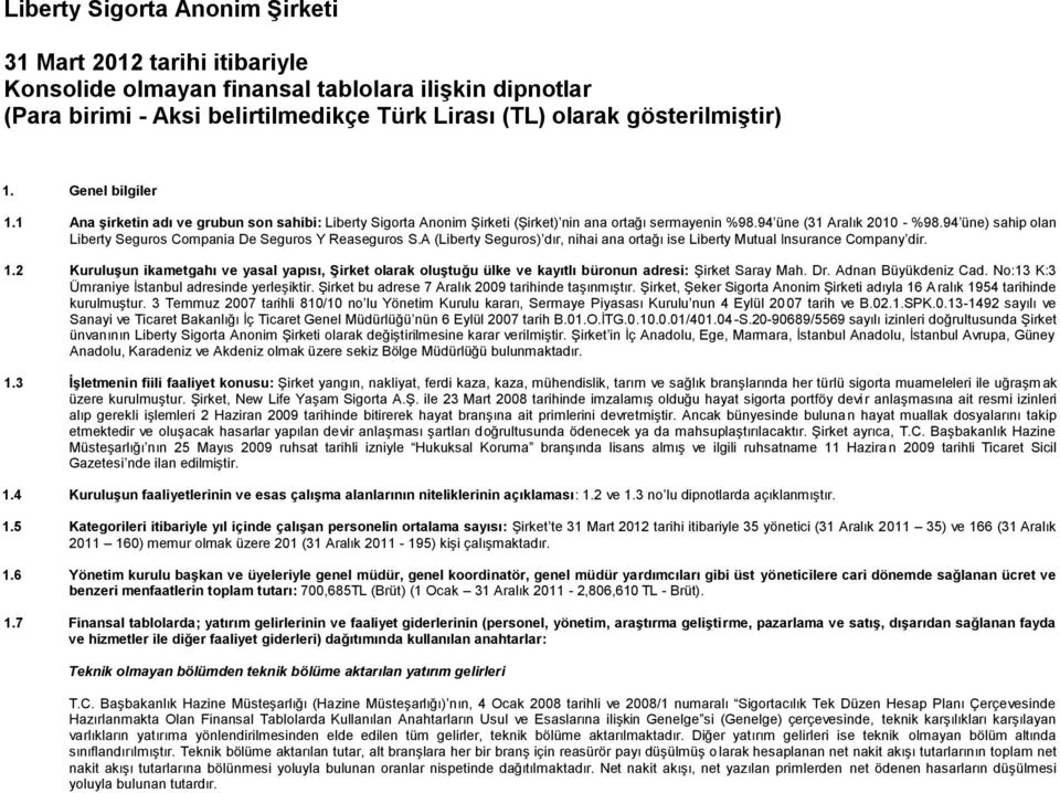 94 üne) sahip olan Liberty Seguros Compania De Seguros Y Reaseguros S.A (Liberty Seguros) dır, nihai ana ortağı ise Liberty Mutual Insurance Company dir. 1.