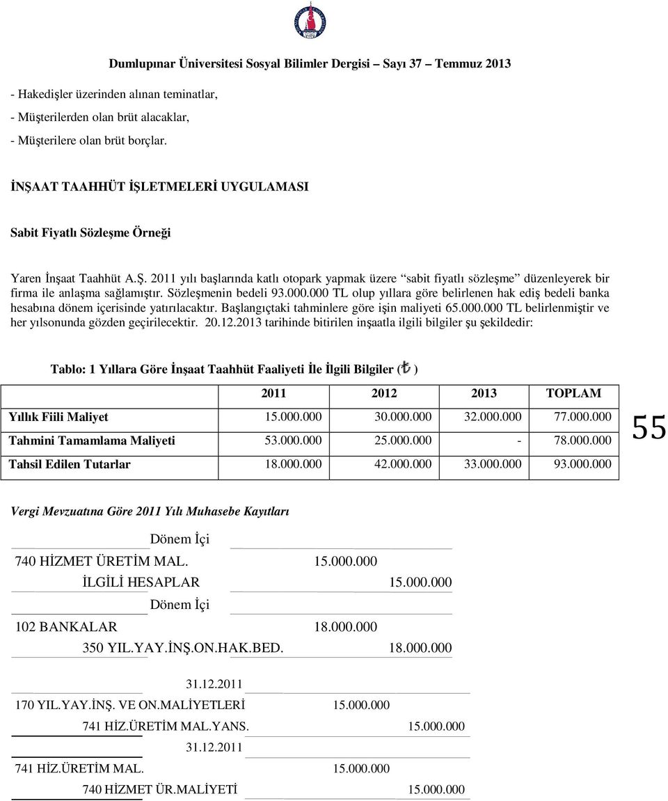 Sözleşmenin bedeli 93.000.000 TL olup yıllara göre belirlenen hak ediş bedeli banka hesabına dönem içerisinde yatırılacaktır. Başlangıçtaki tahminlere göre işin maliyeti 65.000.000 TL belirlenmiştir ve her yılsonunda gözden geçirilecektir.