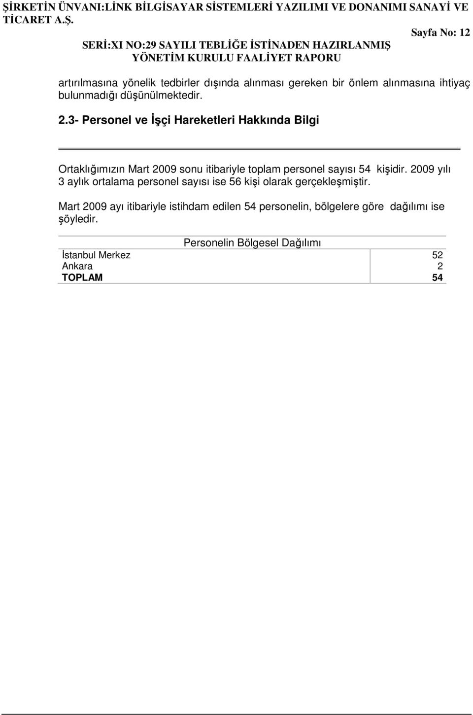 3- Personel ve İşçi Hareketleri Hakkında Bilgi Ortaklığımızın Mart 2009 sonu itibariyle toplam personel sayısı 54 kişidir.