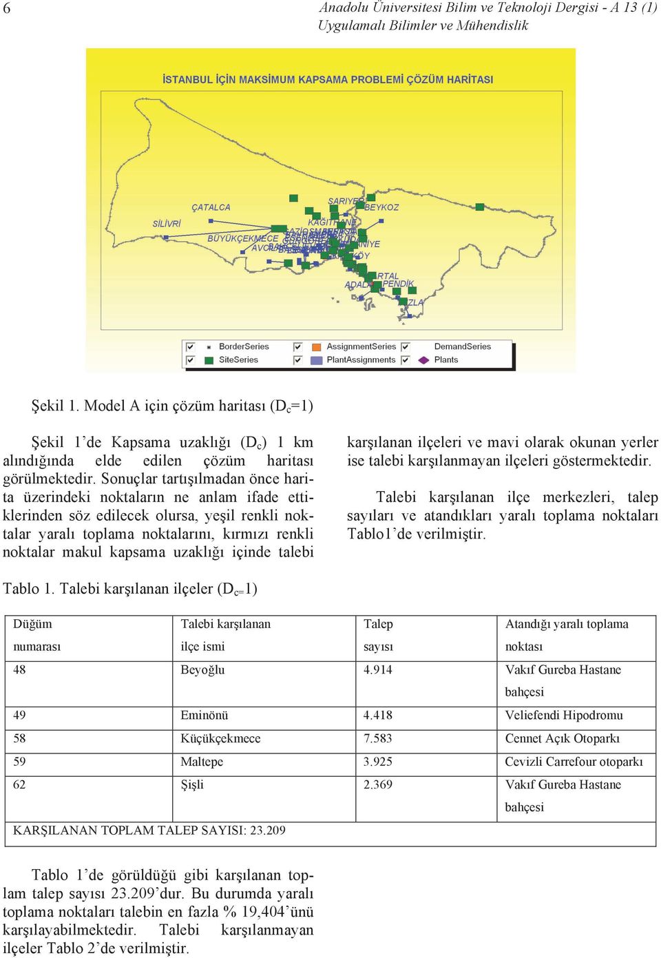 uzaklığı içinde talebi karşılanan ilçeleri ve mavi olarak okunan yerler ise talebi karşılanmayan ilçeleri göstermektedir.