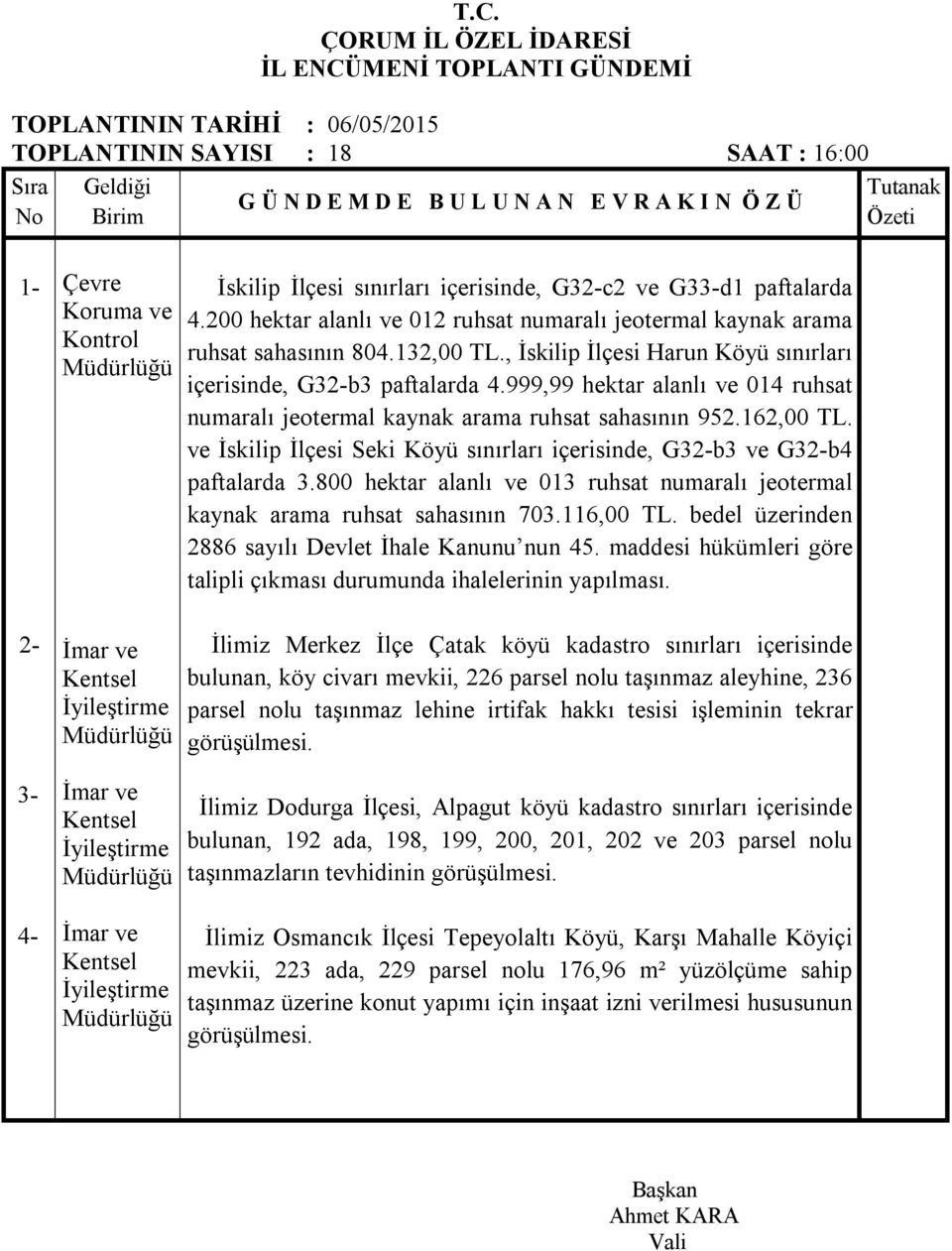 999,99 hektar alanlı ve 014 ruhsat numaralı jeotermal kaynak arama ruhsat sahasının 952.162,00 TL. ve İskilip İlçesi Seki Köyü sınırları içerisinde, G3b3 ve G3b4 paftalarda 3.