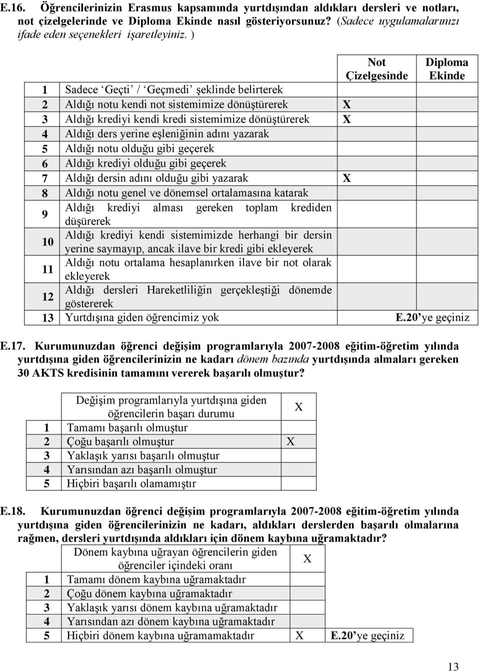 ) Not Çizelgesinde Diploma Ekinde Sadece Geçti / Geçmedi şeklinde belirterek Aldığı notu kendi not sistemimize dönüştürerek Aldığı krediyi kendi kredi sistemimize dönüştürerek Aldığı ders yerine