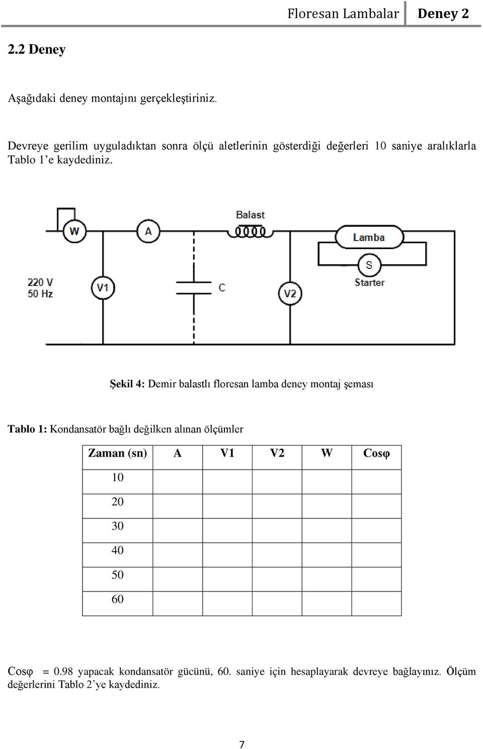 Şekil 4: Demir balastlı floresan lamba deney montaj şeması Tablo 1: Kondansatör bağlı değilken alınan ölçümler Zaman