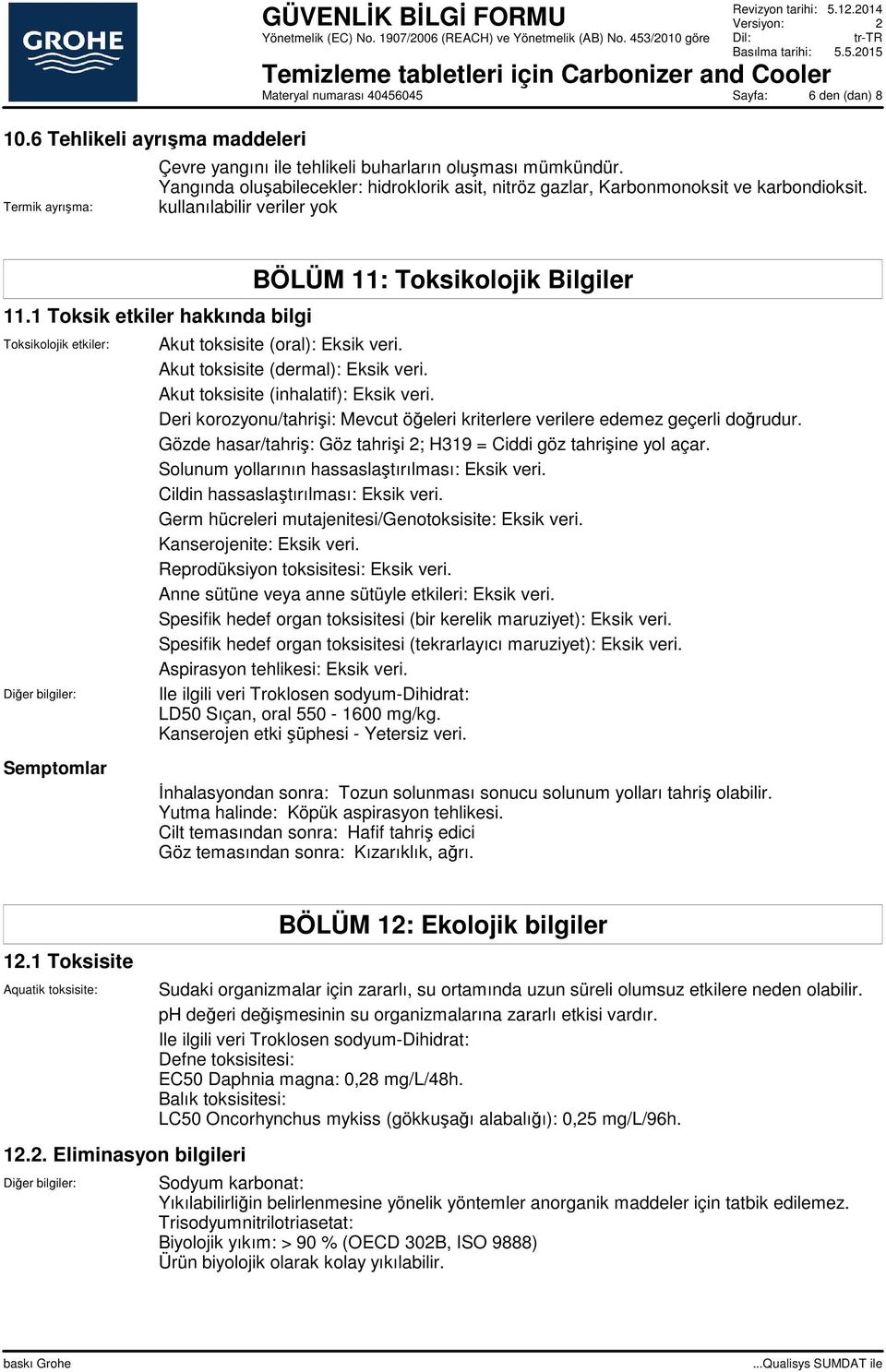 1 Toksik etkiler hakkında bilgi Toksikolojik etkiler: Diğer bilgiler: BÖLÜM 11: Toksikolojik Bilgiler Akut toksisite (oral): Eksik veri. Akut toksisite (dermal): Eksik veri.