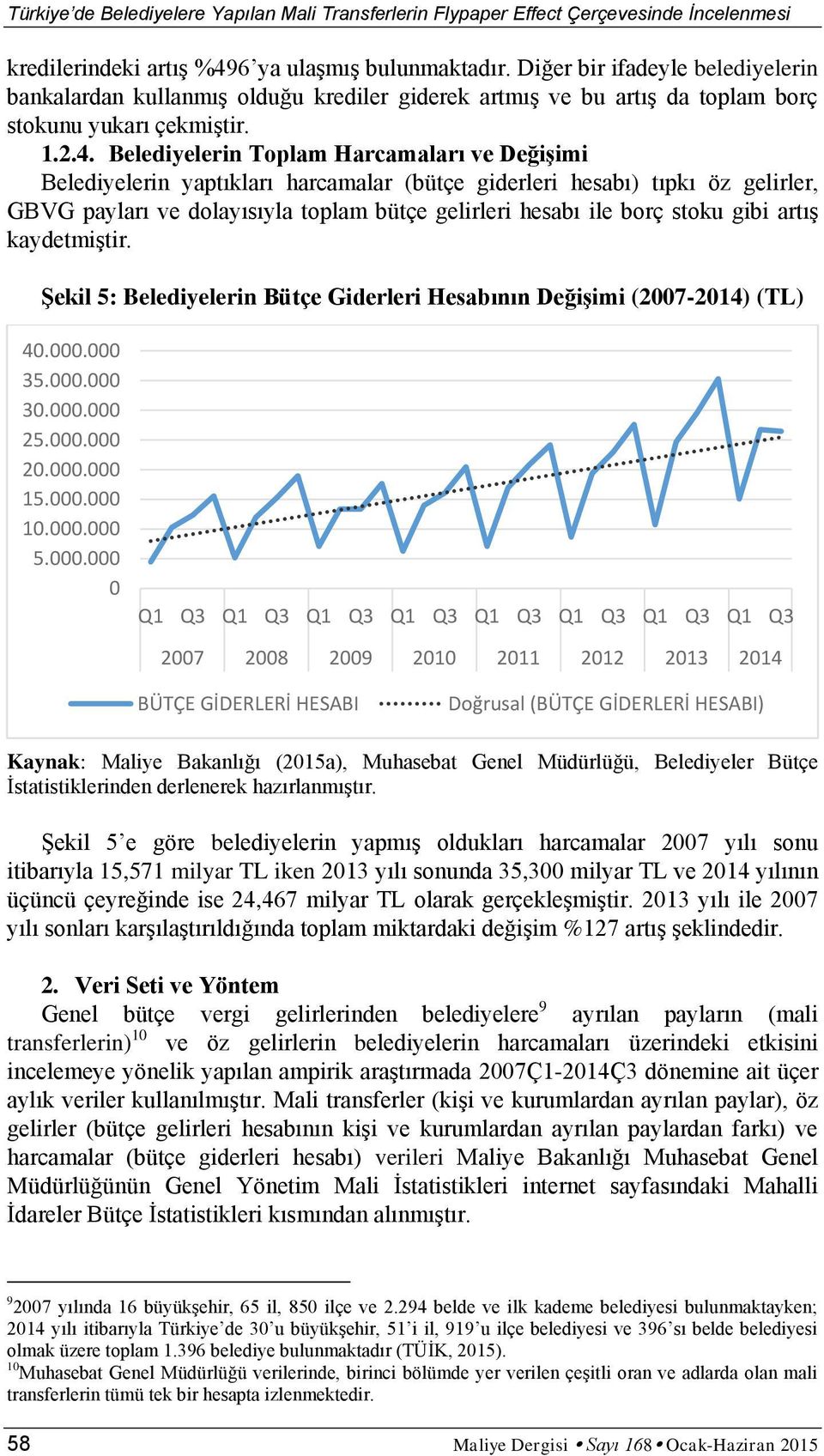 Belediyelerin Toplam Harcamaları ve Değişimi Belediyelerin yaptıkları harcamalar (bütçe giderleri hesabı) tıpkı öz gelirler, GBVG payları ve dolayısıyla toplam bütçe gelirleri hesabı ile borç stoku