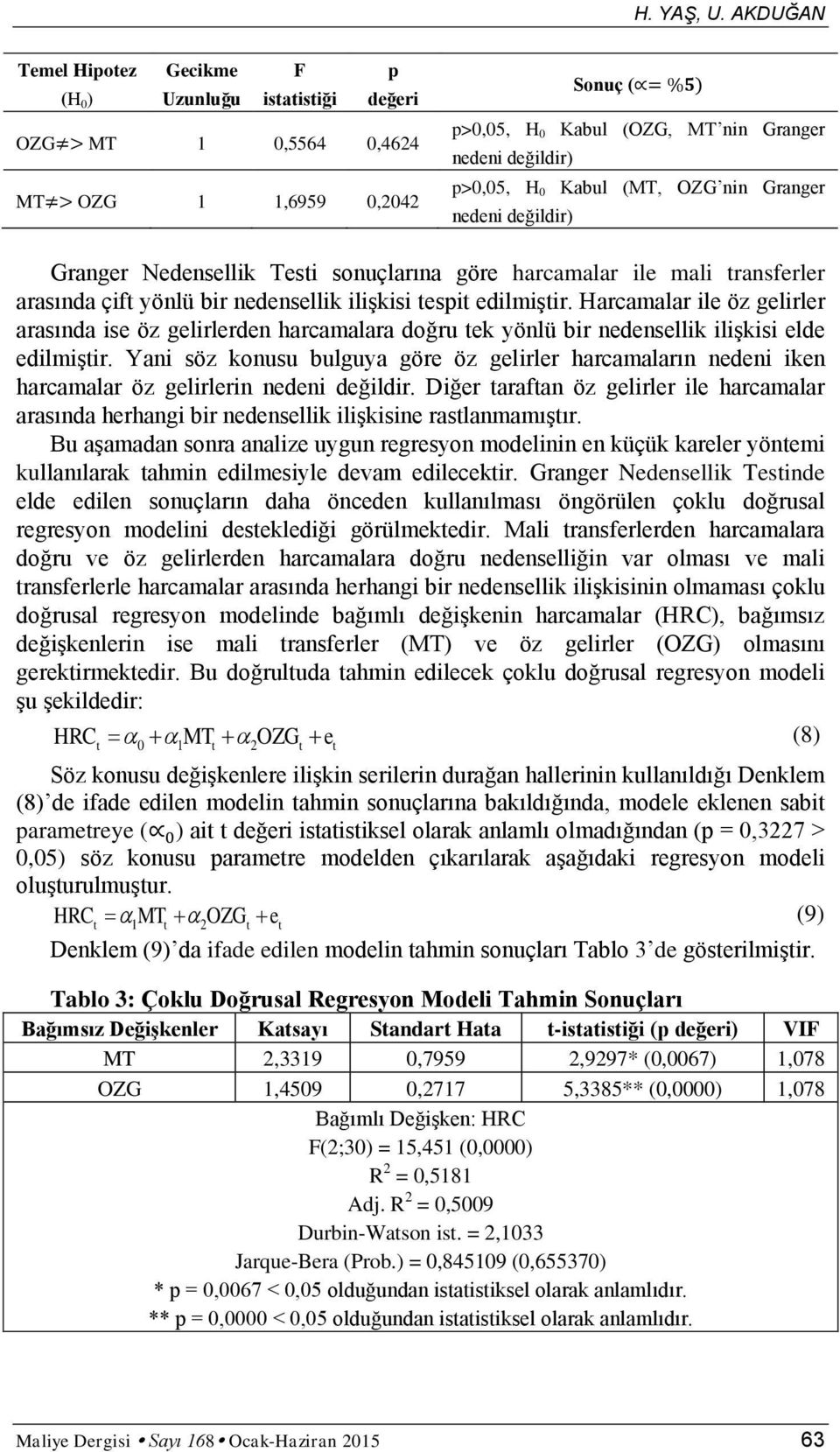 (MT, OZG nin Granger nedeni değildir) Granger Nedensellik Testi sonuçlarına göre harcamalar ile mali transferler arasında çift yönlü bir nedensellik ilişkisi tespit edilmiştir.