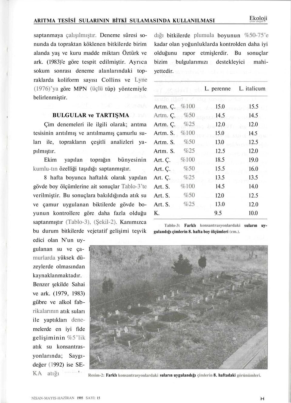 Ayrıca sokum sonrası deneme alanlarındaki topraklarda koliform sayısı Collins ve Lyne (1976)'ya göre MPN {üçlü tüp) yöntemiyle belirlenmiştir.