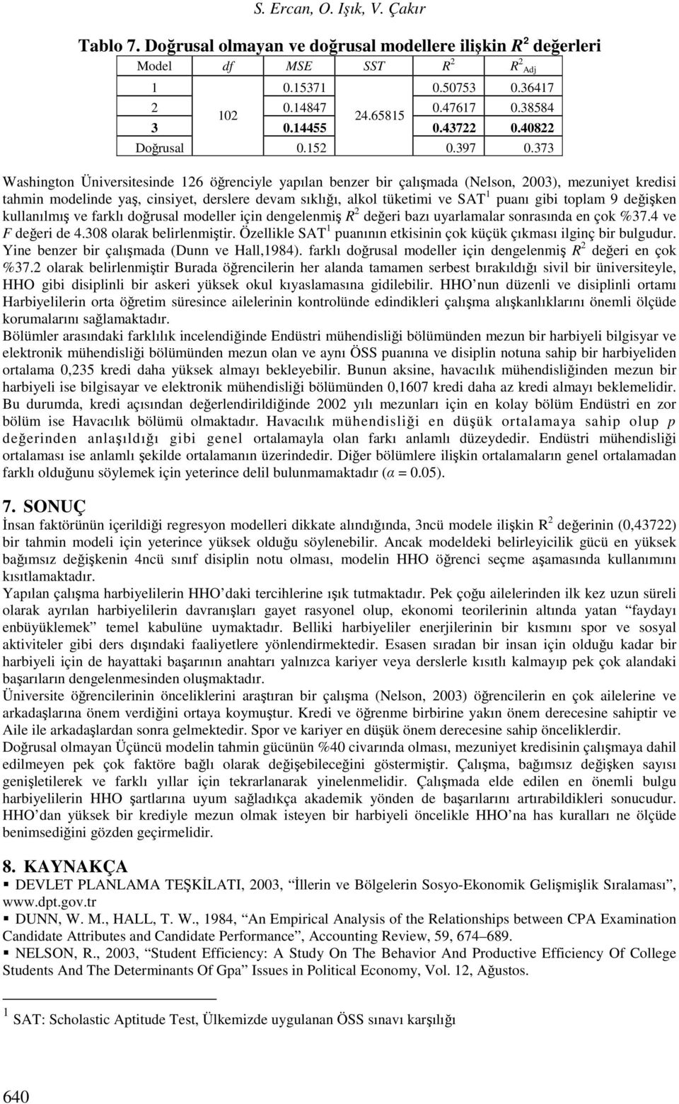 373 Washington Üniversitesinde 126 öğrenciyle yapılan benzer bir çalışmada (Nelson, 2003), mezuniyet kredisi tahmin modelinde yaş, cinsiyet, derslere devam sıklığı, alkol tüketimi ve SAT 1 puanı gibi