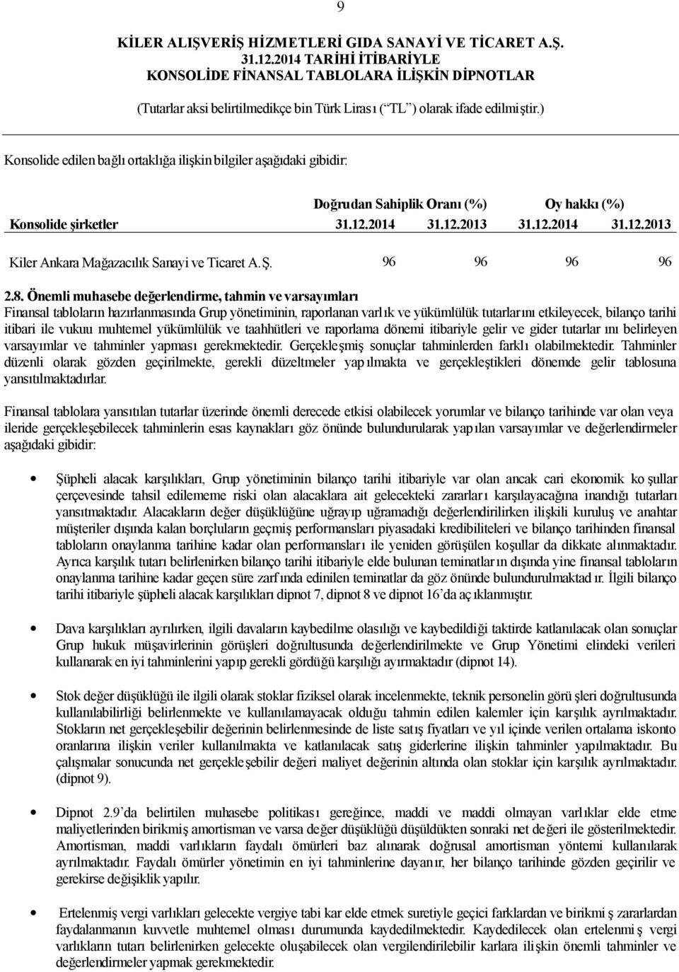 Önemli muhasebe değerlendirme, tahmin ve varsayımları Finansal tabloların hazırlanmasında Grup yönetiminin, raporlanan varlık ve yükümlülük tutarlarını etkileyecek, bilanço tarihi itibari ile vukuu