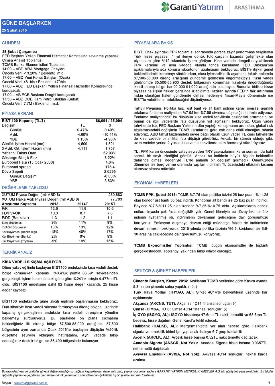 17:00 ABD Yeni Konut Satışları (Ocak) Önceki Veri: 481bin / Beklenti: 470bin 17:00 ABD FED Başkanı Yellen Finansal Hizmetler Komitesi nde konuşacak. 17:00 AB ECB Başkanı Draghi konuşacak.