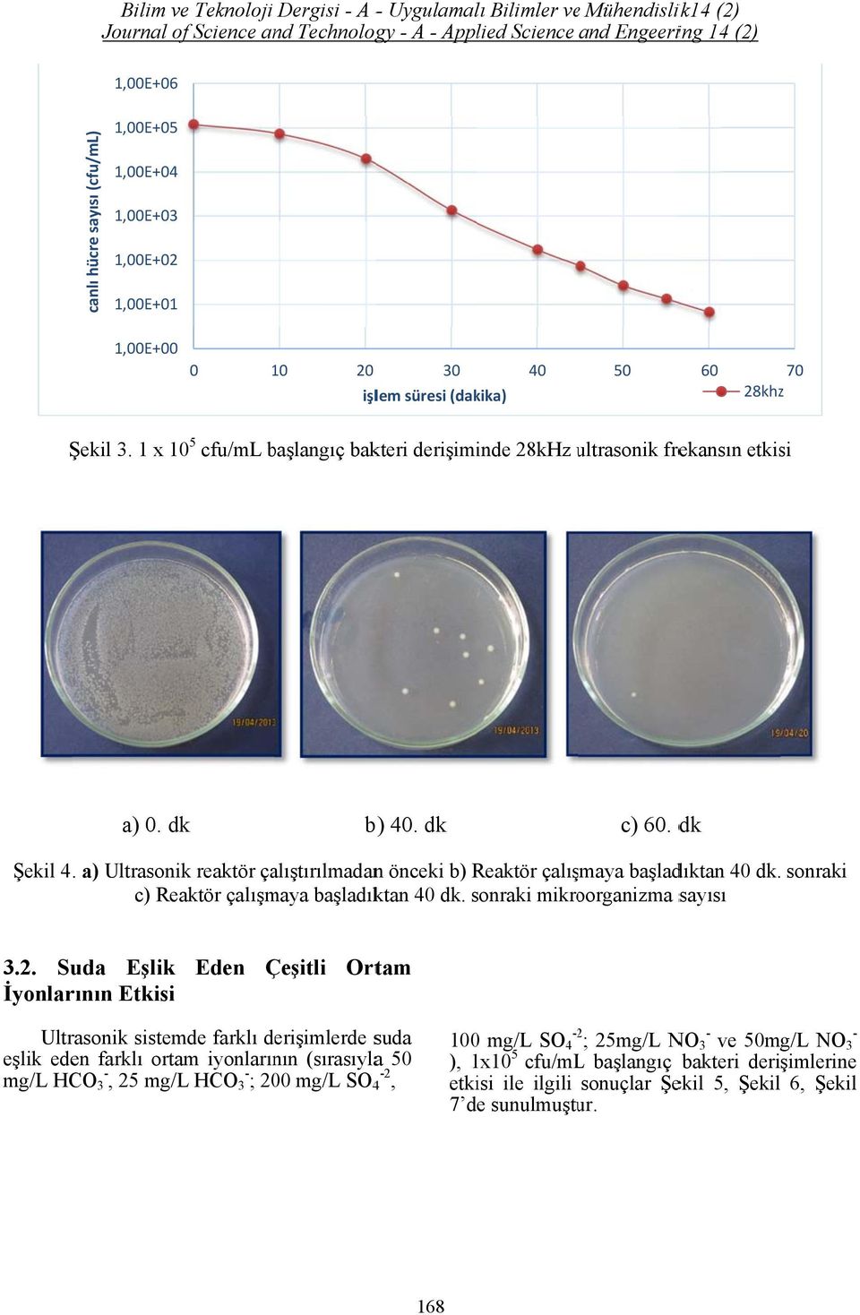 a) Ultrasonik reaktör çalıştırılmadann önceki b) Reaktör çalışmaya başladıktan 40 dk. sonraki c) Reaktör çalışmaya başladıktan 40 dk. sonraki mikroorganizma sayısı 3.2.