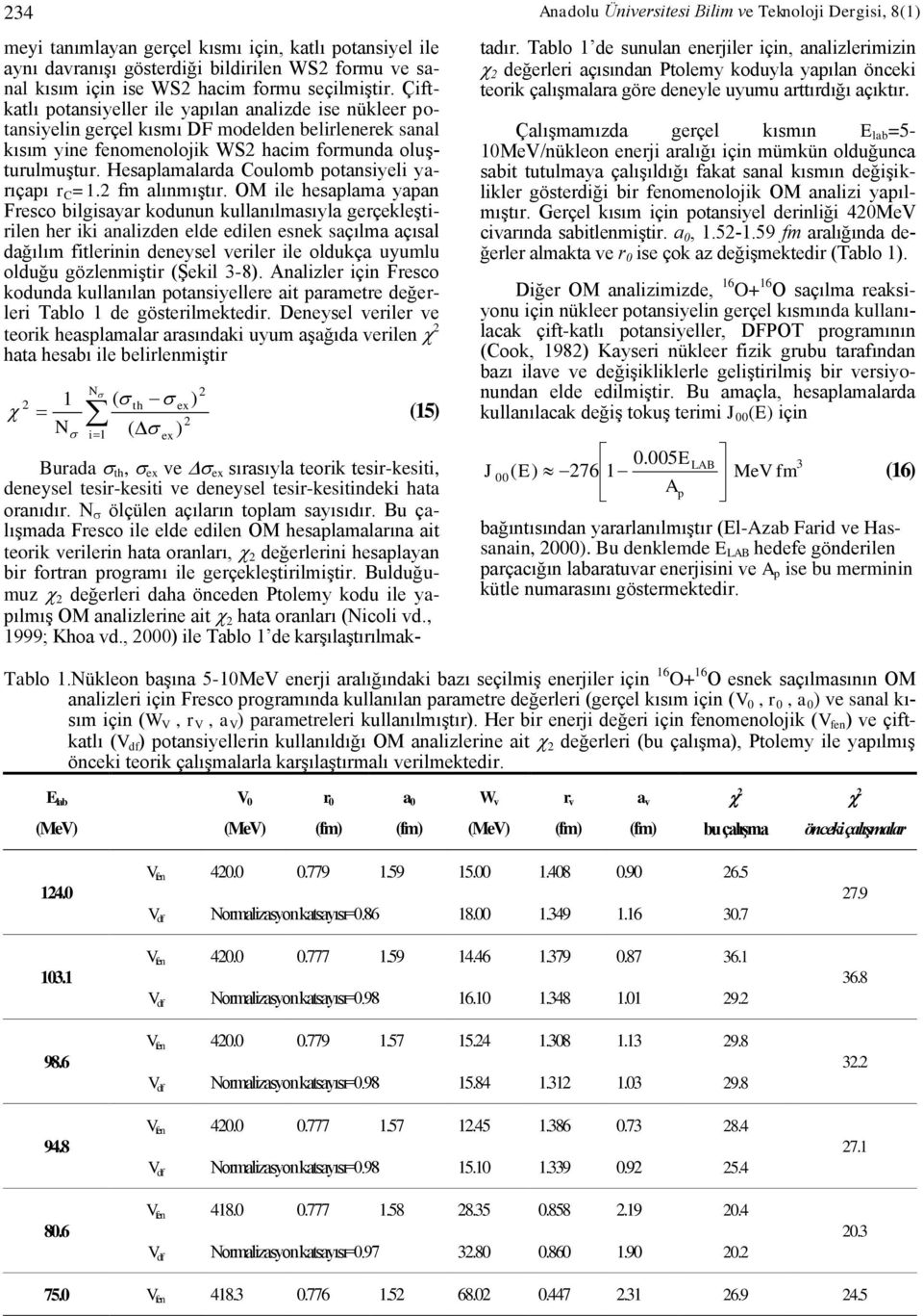 Hesaplamalarda Coulomb potansiyeli yarıçapı r C =1. fm alınmıştır.