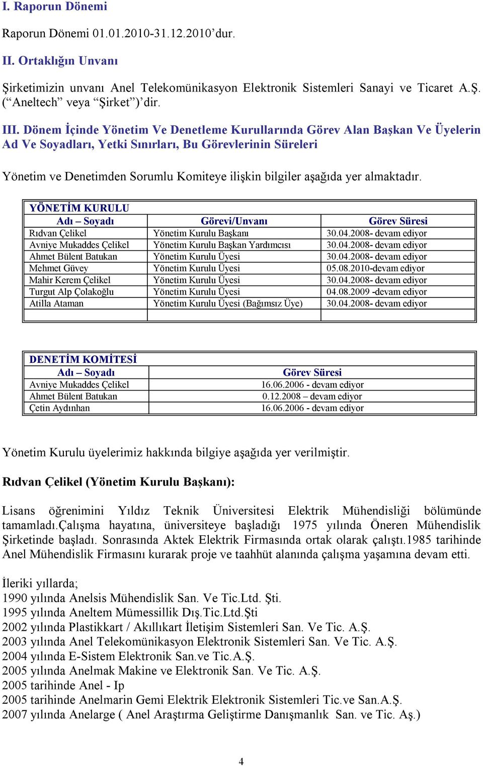 aşağıda yer almaktadır. YÖNETİM KURULU Adı Soyadı Görevi/Unvanı Görev Süresi Rıdvan Çelikel Yönetim Kurulu Başkanı 30.04.2008- devam ediyor Avniye Mukaddes Çelikel Yönetim Kurulu Başkan Yardımcısı 30.