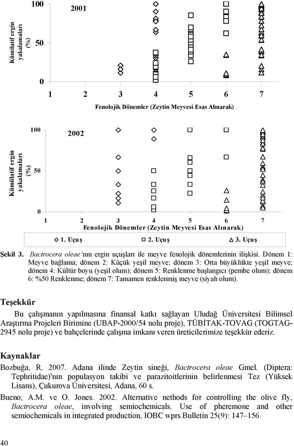 Dönem 1: Meyve bağlama; dönem 2: Küçük yeşil meyve; dönem 3: Orta büyüklükte yeşil meyve; dönem 4: Kültür boyu (yeşil olum); dönem 5: Renklenme başlangıcı (pembe olum); dönem 6: %50 Renklenme; dönem