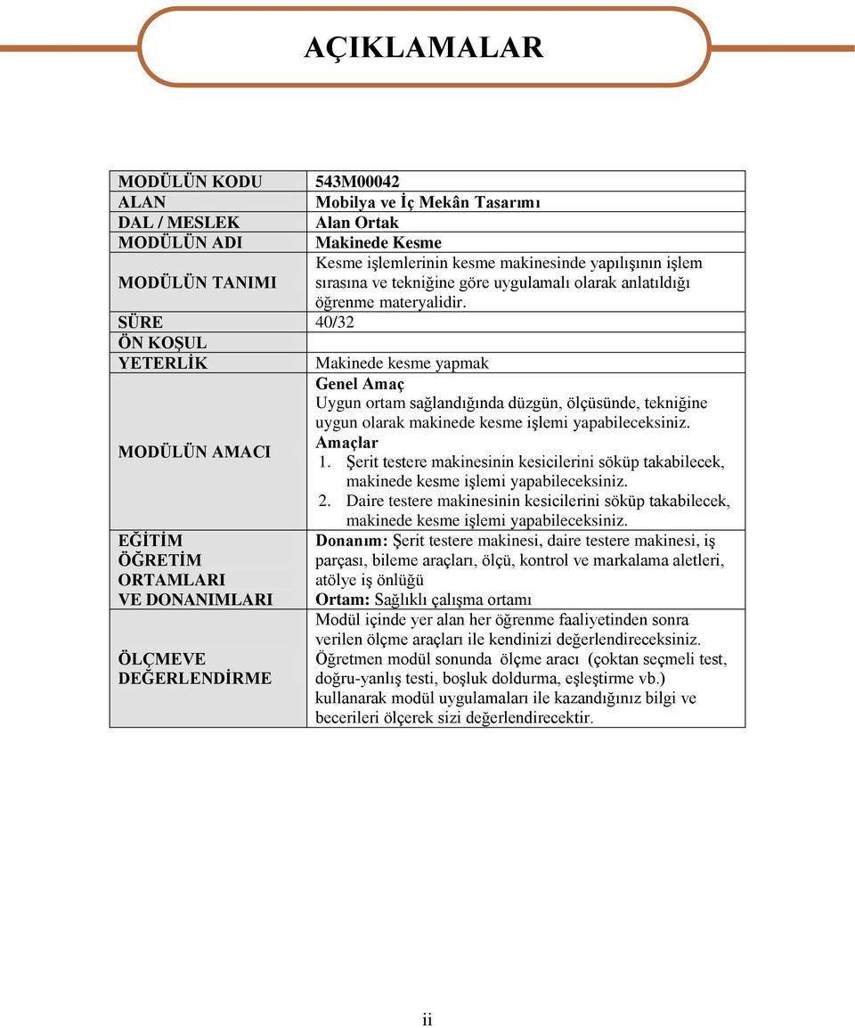 SÜRE 40/32 ÖN KOġUL YETERLĠK Makinede kesme yapmak Genel Amaç Uygun ortam sağlandığında düzgün, ölçüsünde, tekniğine uygun olarak makinede kesme iģlemi yapabileceksiniz. Amaçlar MODÜLÜN AMACI 1.