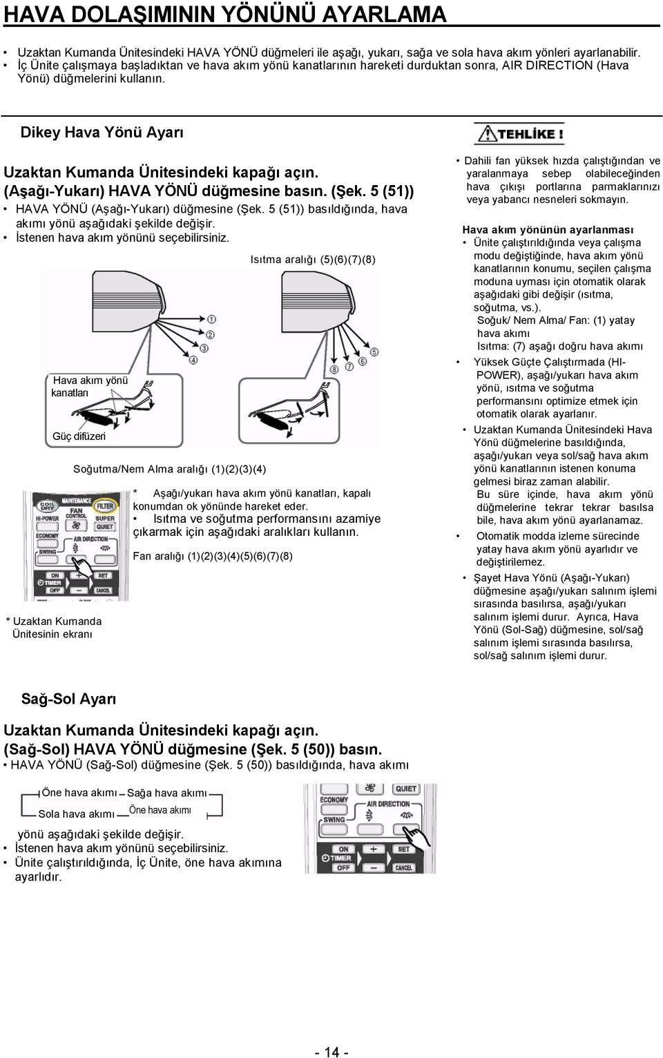 (Aşağı-Yukarı) HAVA YÖNÜ düğmesine basın. (Şek. 5 (51)) HAVA YÖNÜ (Aşağı-Yukarı) düğmesine (Şek. 5 (51)) basıldığında, hava akımı yönü aşağıdaki şekilde değişir.