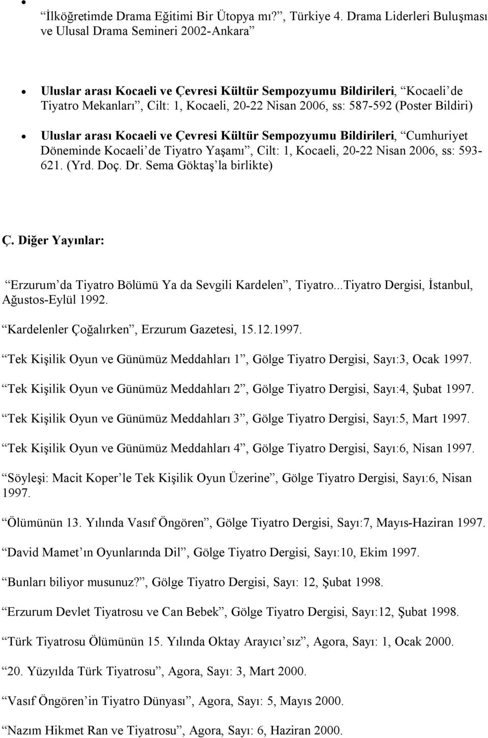 587-592 (Poster Bildiri) Uluslar arası Kocaeli ve Çevresi Kültür Sempozyumu Bildirileri, Cumhuriyet Döneminde Kocaeli de Tiyatro Yaşamı, Cilt: 1, Kocaeli, 20-22 Nisan 2006, ss: 593-621. (Yrd. Doç. Dr.