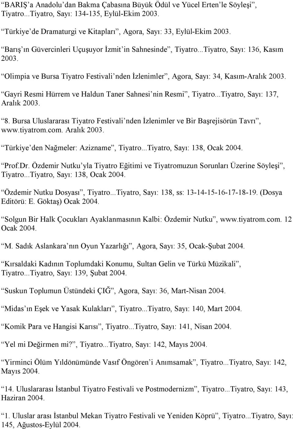 ..Tiyatro, Sayı: 136, Kasım Olimpia ve Bursa Tiyatro Festivali nden İzlenimler, Agora, Sayı: 34, Kasım-Aralık Gayri Resmi Hürrem ve Haldun Taner Sahnesi nin Resmi, Tiyatro.