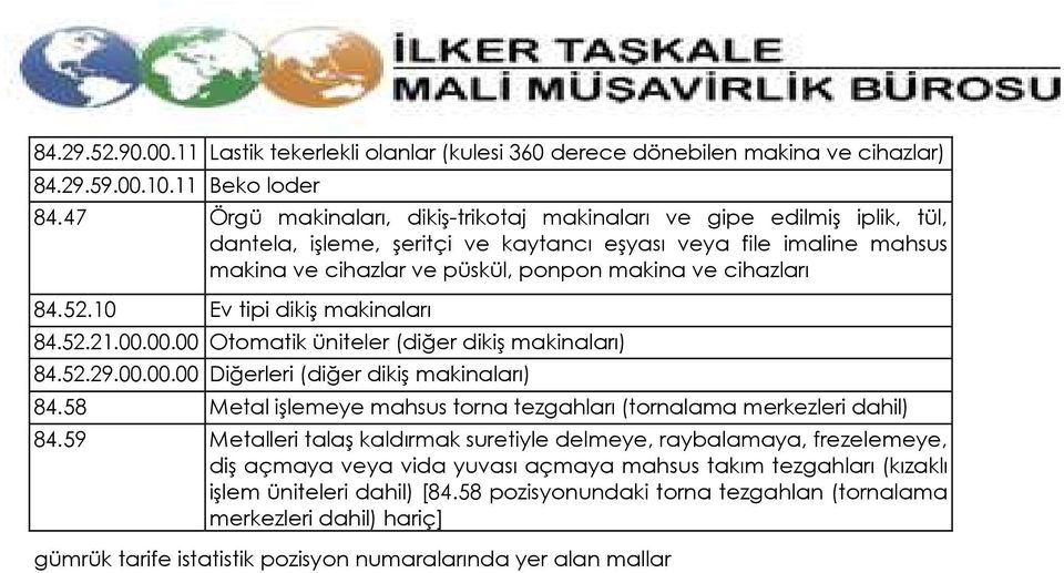 84.52.10 Ev tipi dikiş makinaları 84.52.21.00.00.00 Otomatik üniteler (diğer dikiş makinaları) 84.52.29.00.00.00 Diğerleri (diğer dikiş makinaları) 84.