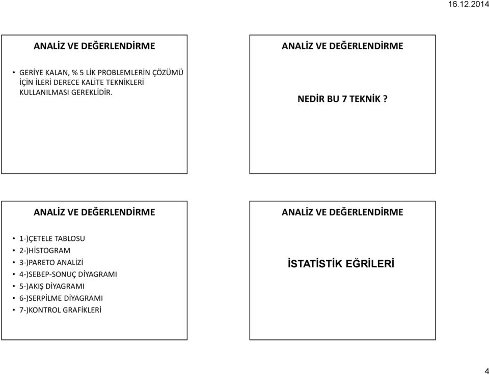 1-)ÇETELE TABLOSU 2-)HİSTOGRAM 3-)PARETO ANALİZİ 4-)SEBEP-SONUÇ